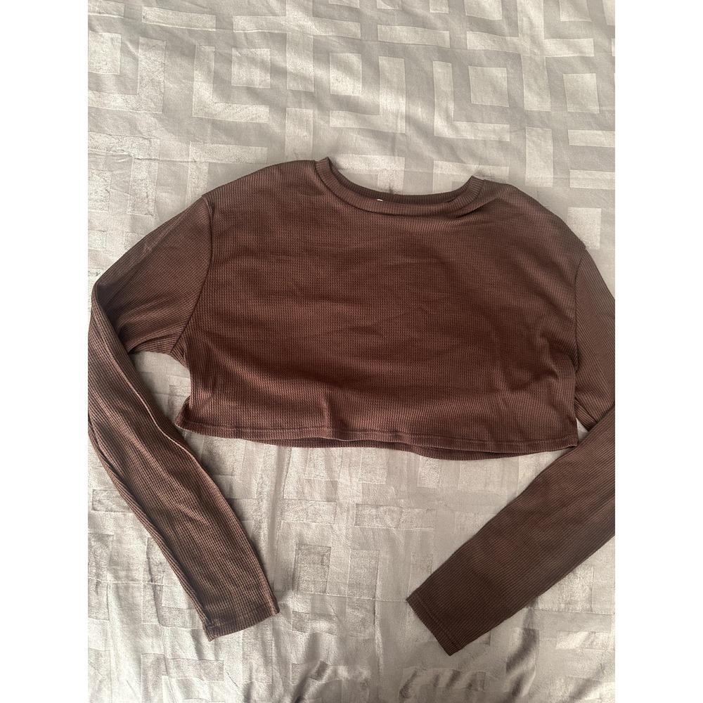 Urban Renewal Shirt Womens Medium Brown Ribbed Thermal Crop Long Sleeve Made USA